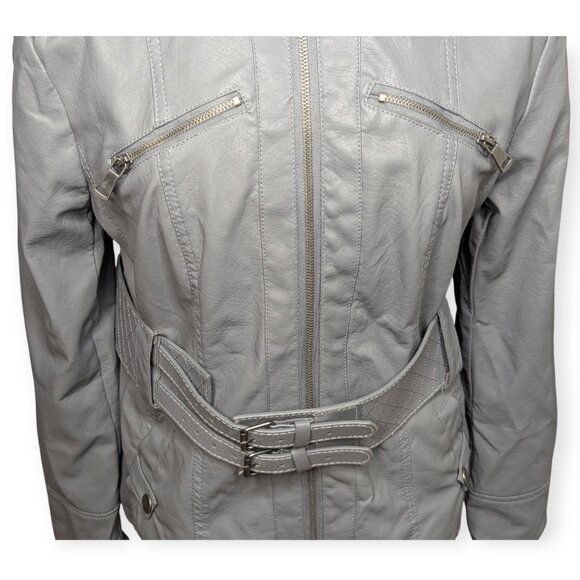 Last Kiss Faux Leather Chic Light Gray Belted Jacket Women's Size Large - Picture 3 of 14